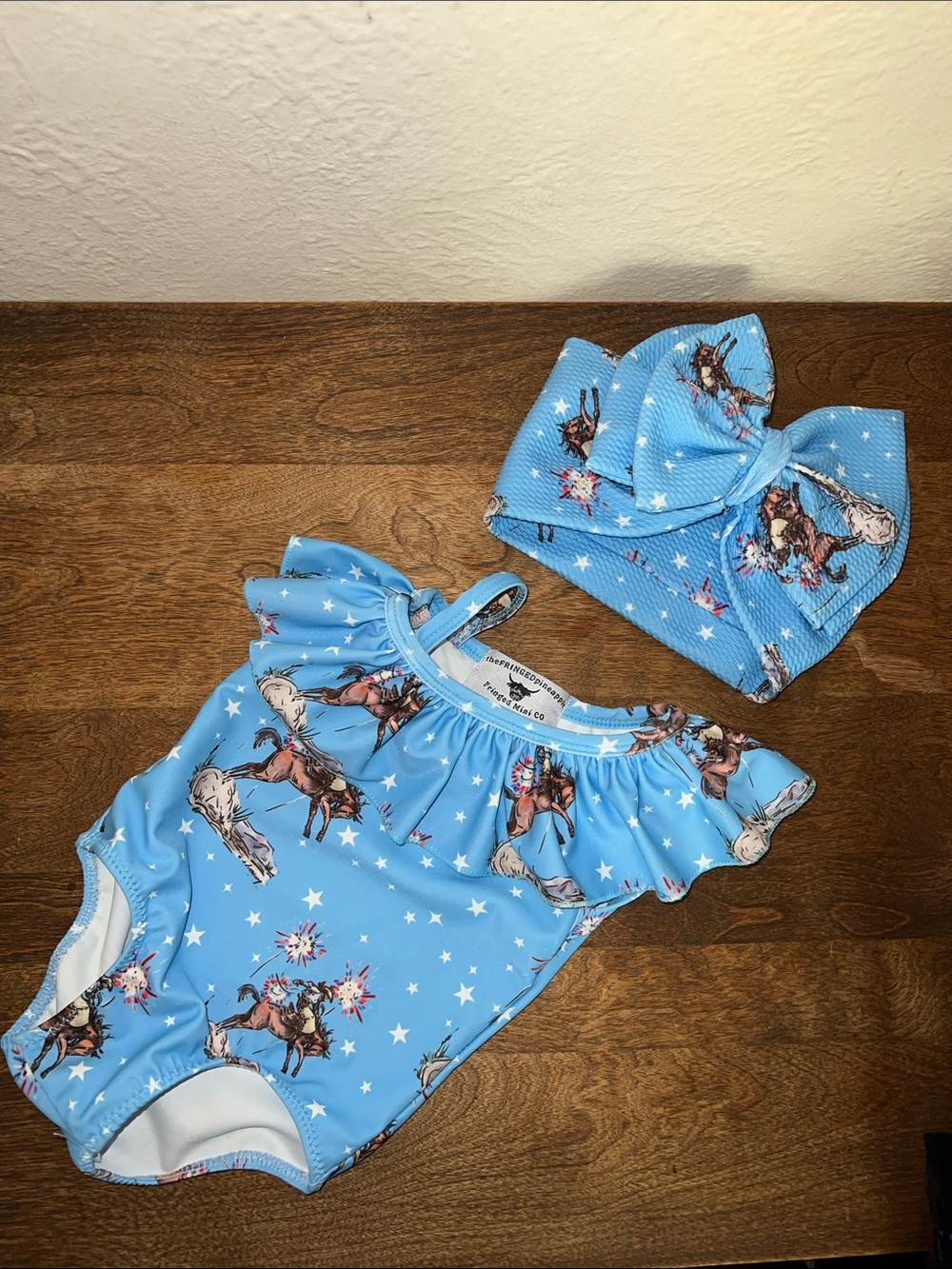 The fringed pineapple 0-3 months swimsuit rodeo horse bow headband set